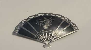 Designer Silver Siam Nielloware Fan Style Brooch … - image 1