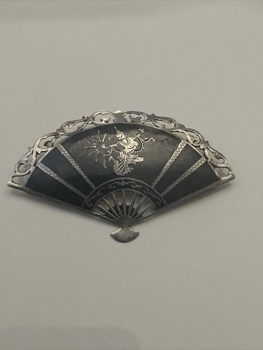 Designer Silver Siam Nielloware Fan Style Brooch … - image 2