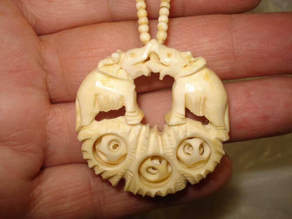 Carved Celluloid  beaded Necklace, Pendant Elepha… - image 1