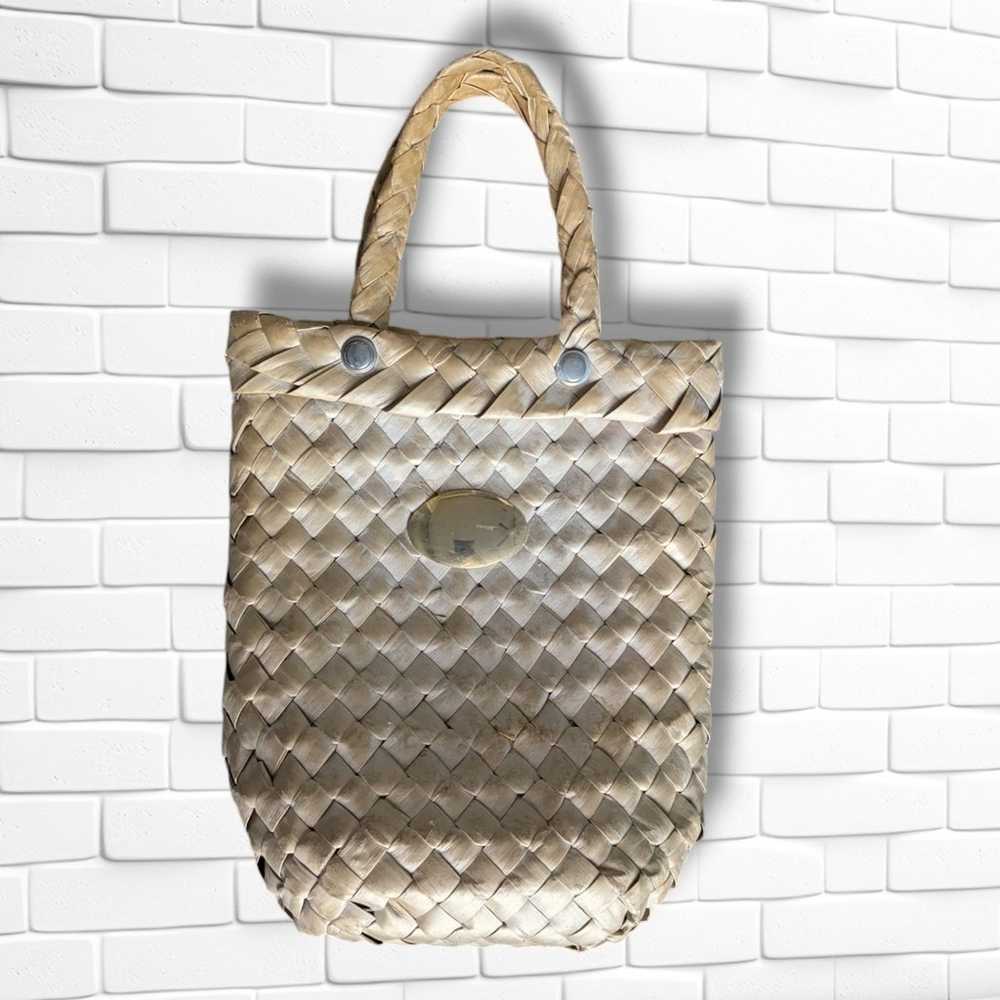 Vintage Woven Palm Leaf Raffia Purse Beach Bag Ov… - image 1