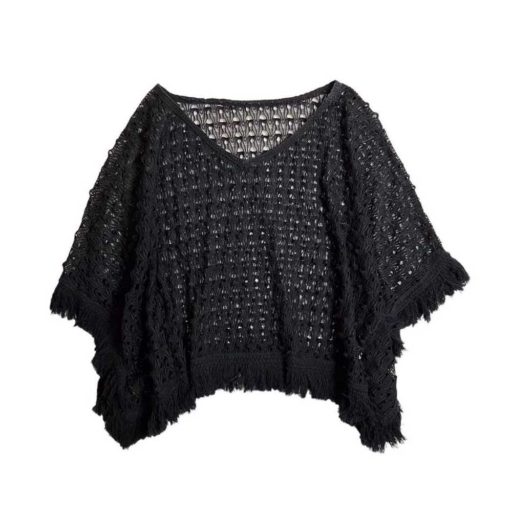 90s Fishnet Poncho Knit Cotton Fringe Boho Chic. - image 1