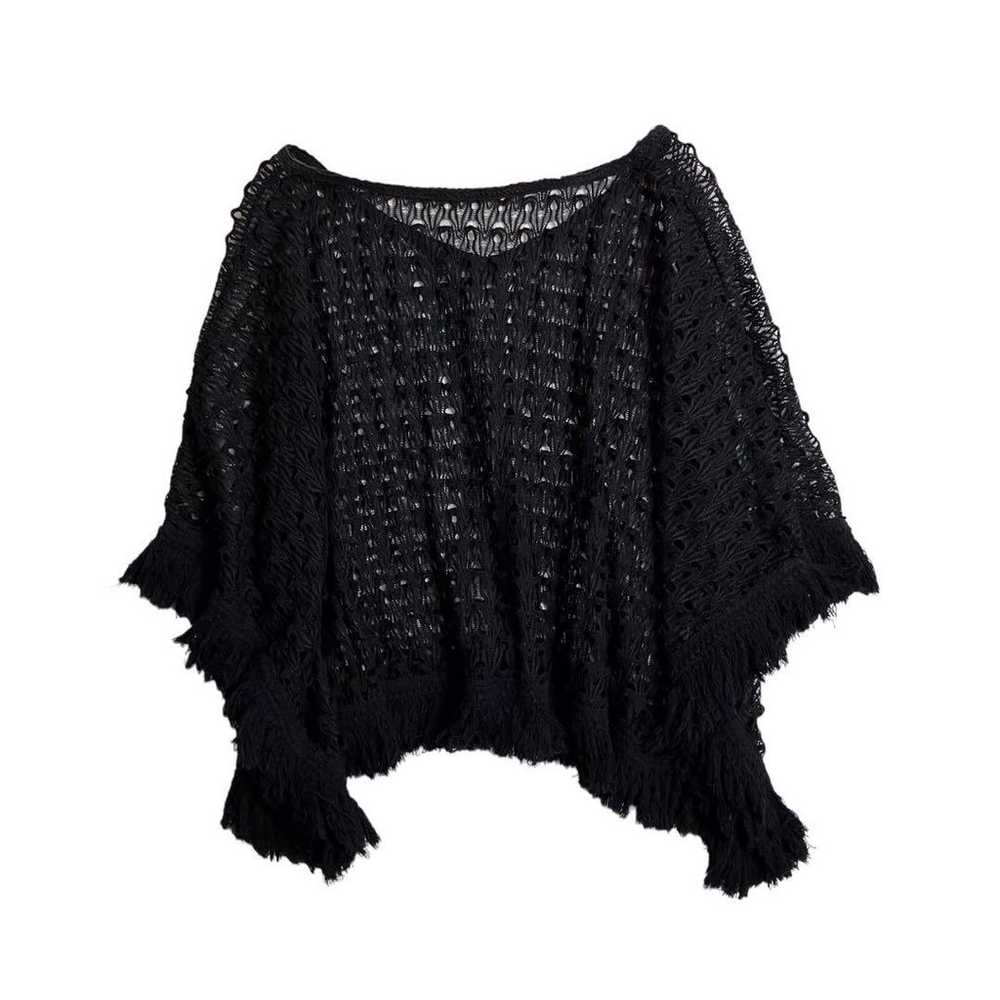 90s Fishnet Poncho Knit Cotton Fringe Boho Chic. - image 5