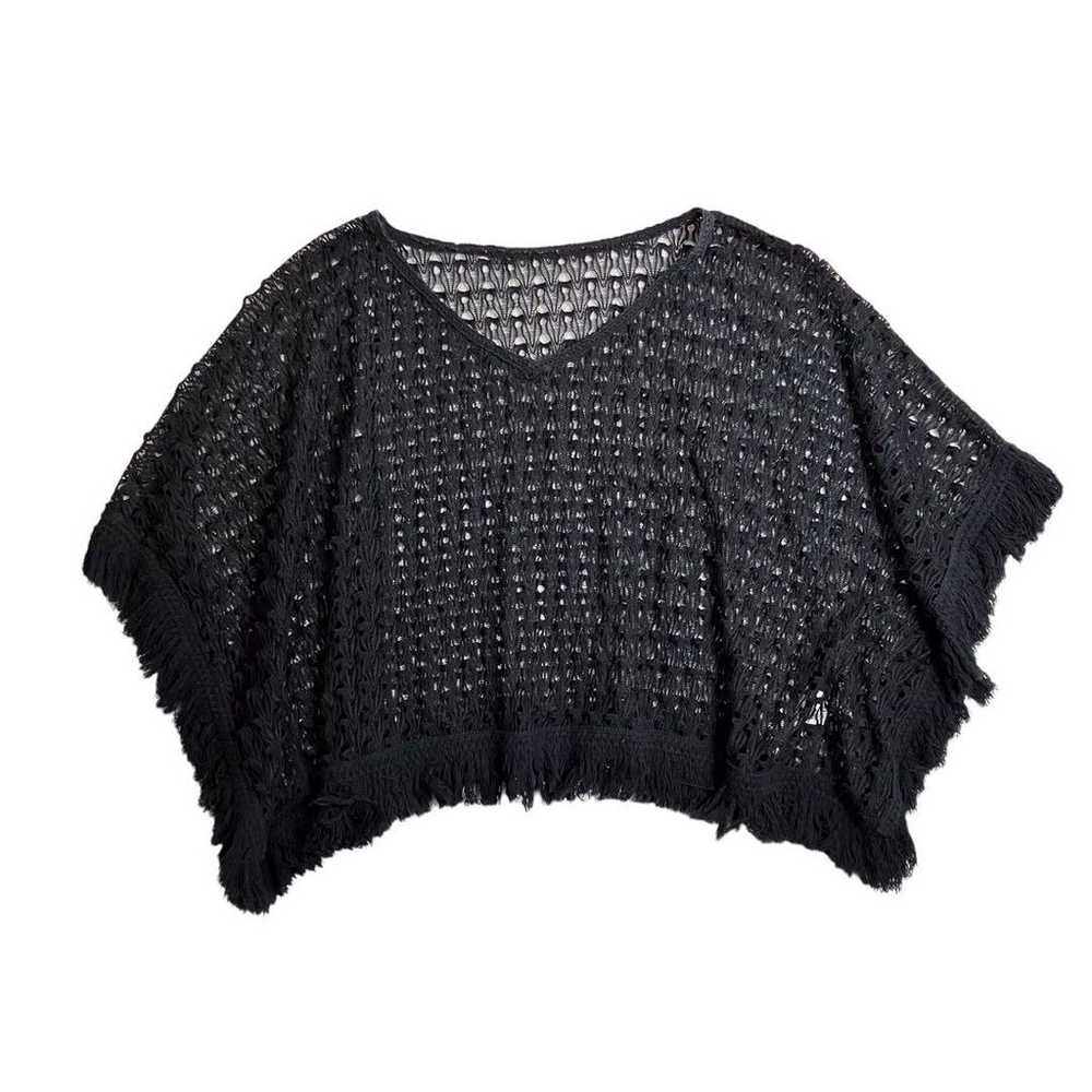 90s Fishnet Poncho Knit Cotton Fringe Boho Chic. - image 7