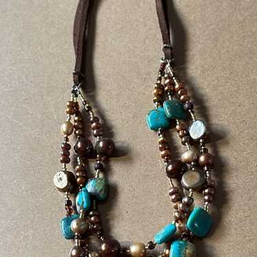 Vintage 3 strand turquoise and pearls Necklace - image 1