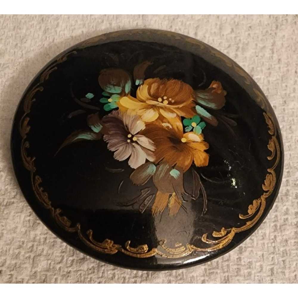 VINTAGE Handpainted Wood Black Lacquer & Gold FLO… - image 2