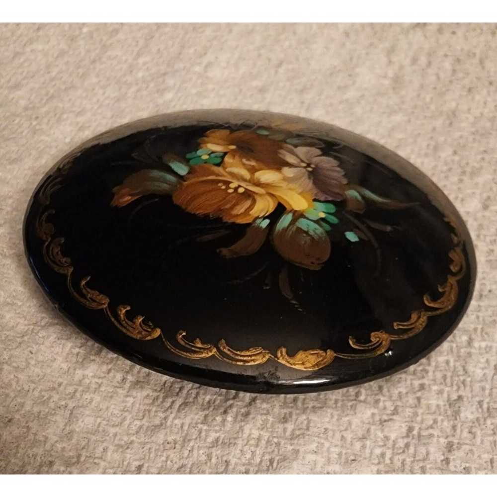 VINTAGE Handpainted Wood Black Lacquer & Gold FLO… - image 3