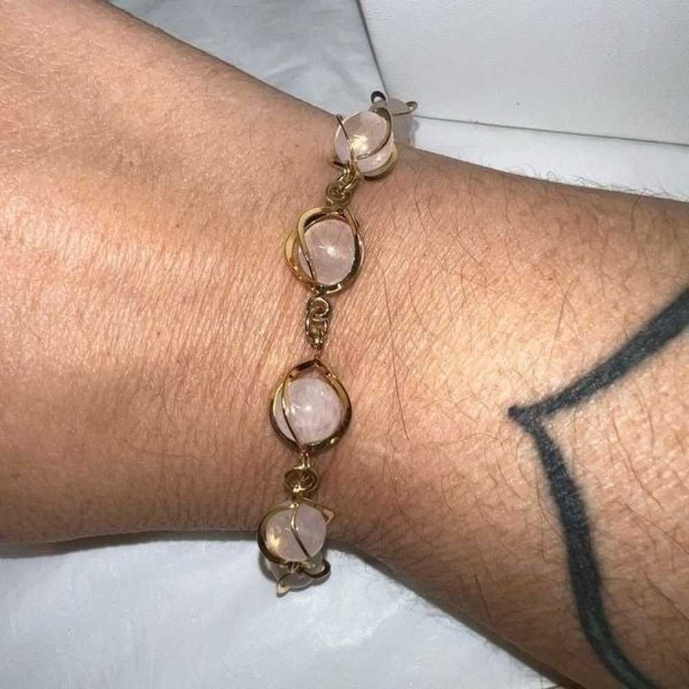 Vintage MCM Caged Rose Quartz Gold Tone Bracelet - image 1