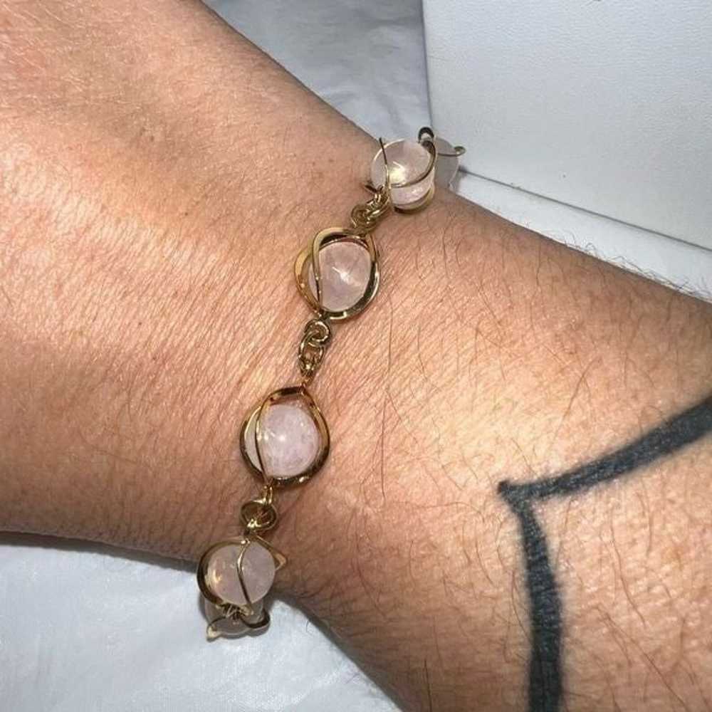 Vintage MCM Caged Rose Quartz Gold Tone Bracelet - image 2