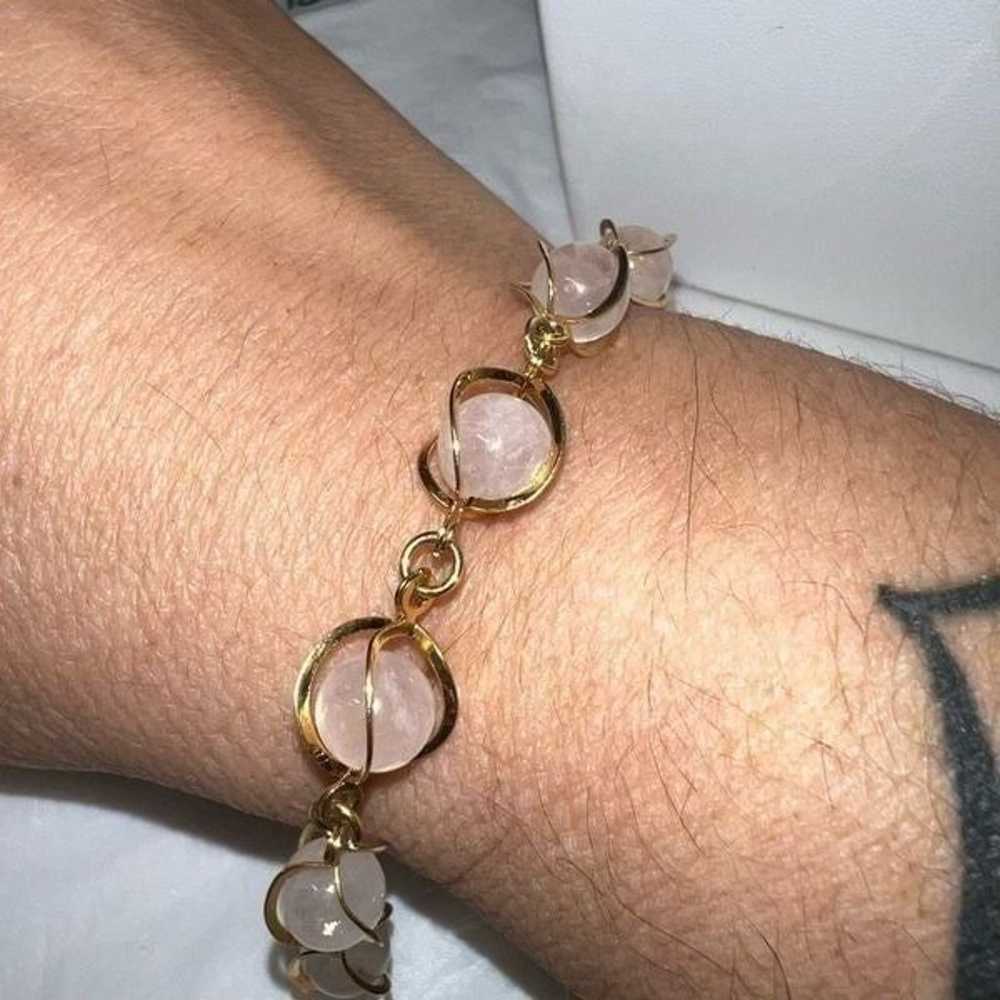 Vintage MCM Caged Rose Quartz Gold Tone Bracelet - image 3