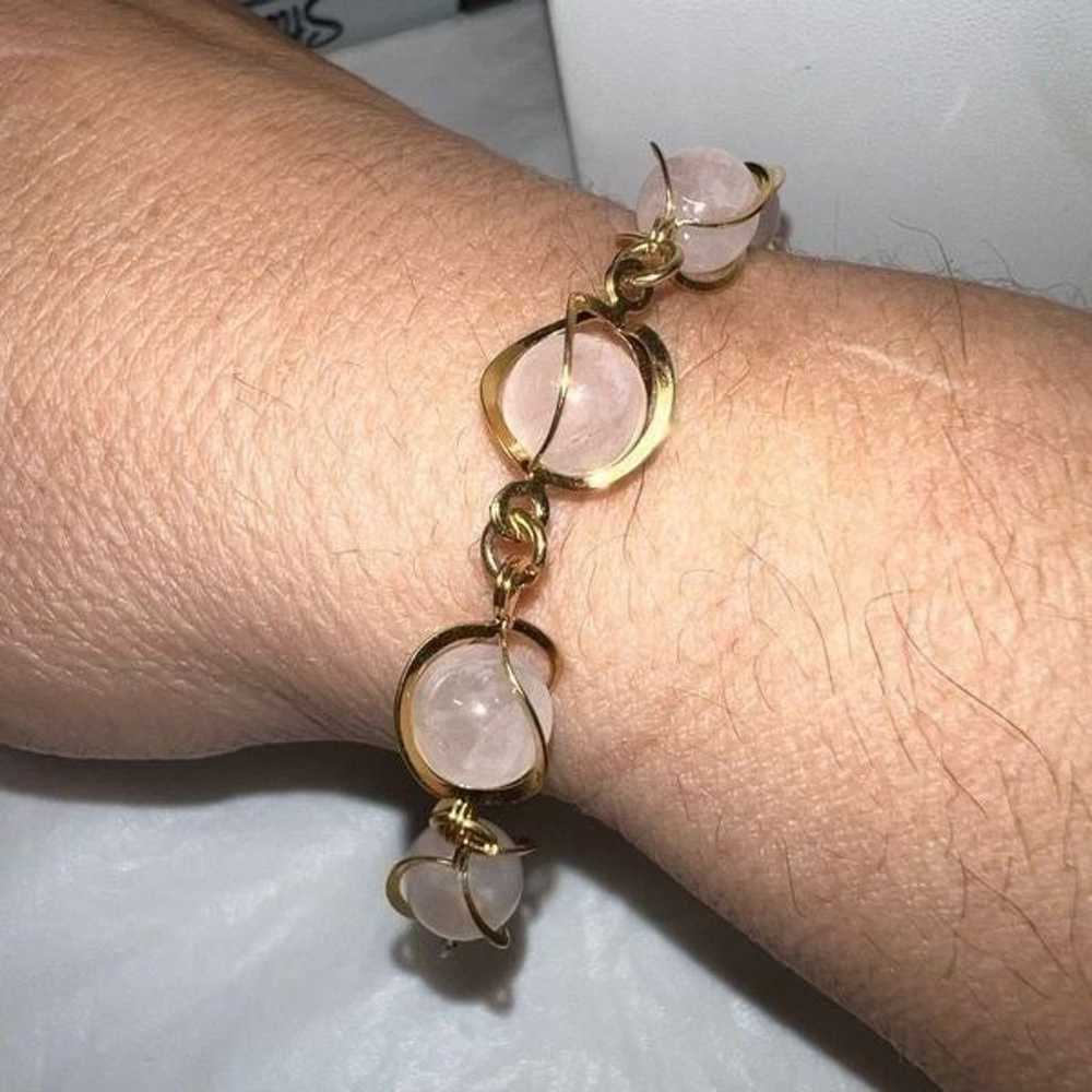 Vintage MCM Caged Rose Quartz Gold Tone Bracelet - image 4