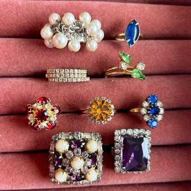 Vintage Rhinestone Cocktail Ring Costume Lot Faux… - image 1