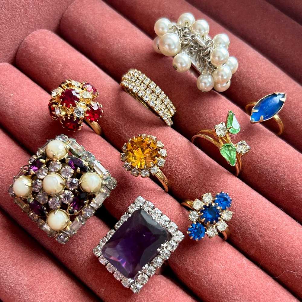 Vintage Rhinestone Cocktail Ring Costume Lot Faux… - image 4