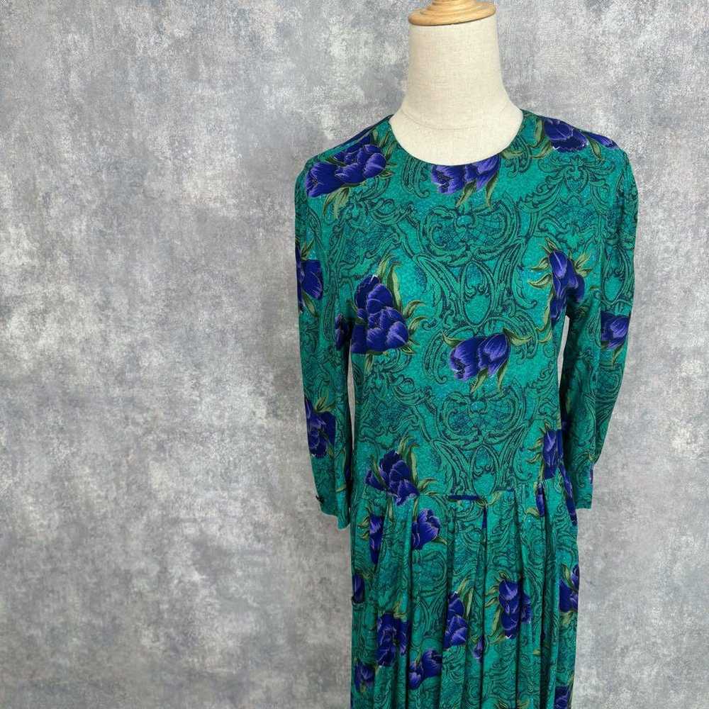 80s Vintage Floral Print Dress Made in USA Long L… - image 1