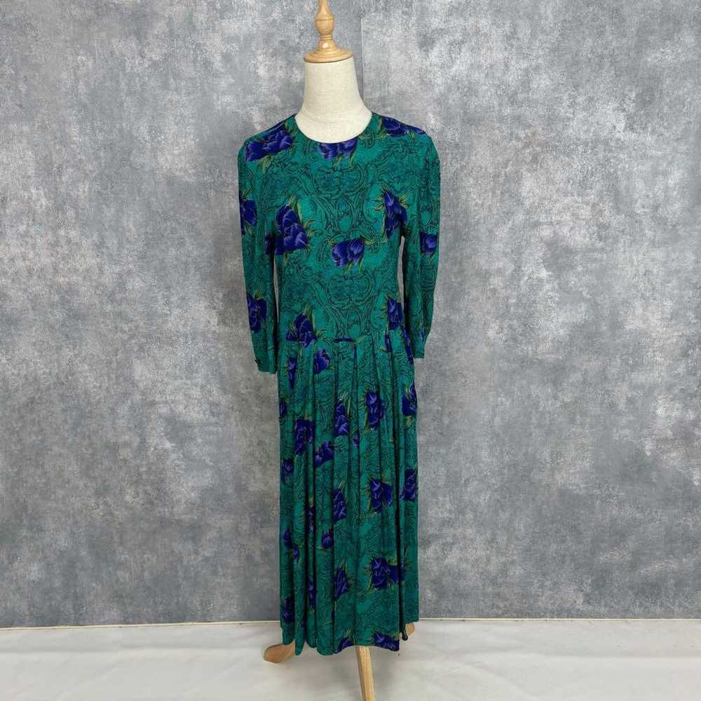 80s Vintage Floral Print Dress Made in USA Long L… - image 2