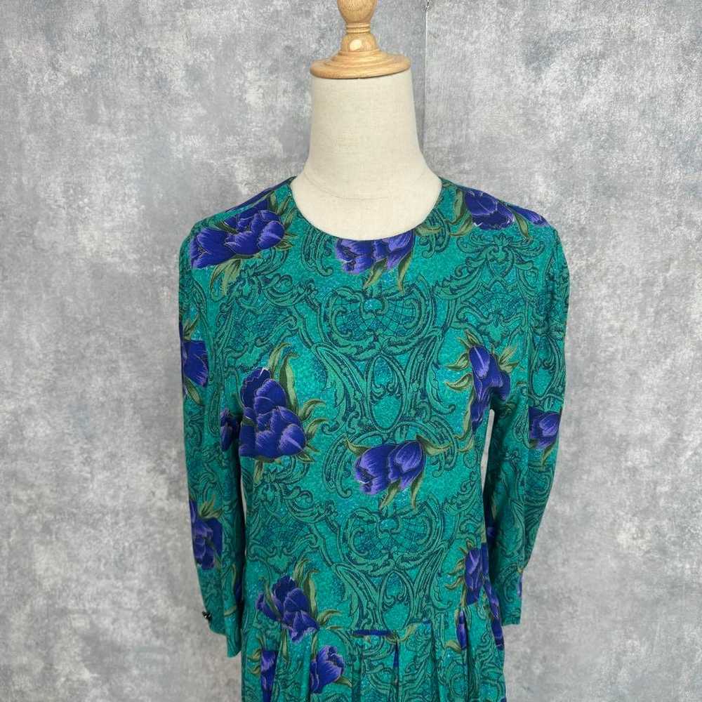 80s Vintage Floral Print Dress Made in USA Long L… - image 6