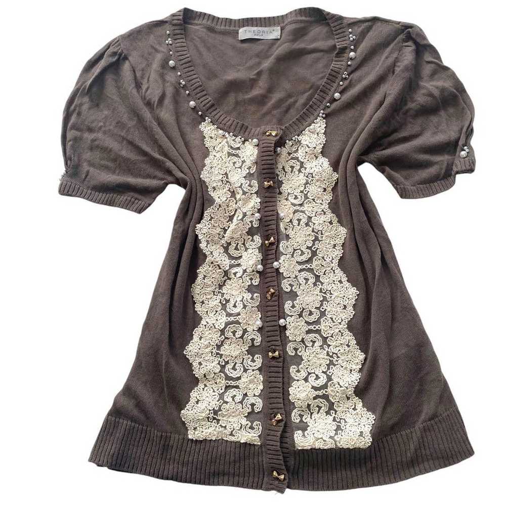 Pearl Ribbon Lace Mixed Material Cardigan for a C… - image 1