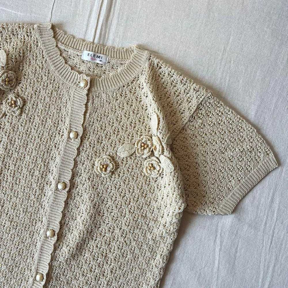 90s vintage 3D flower crochet mesh knit cardigan - image 2