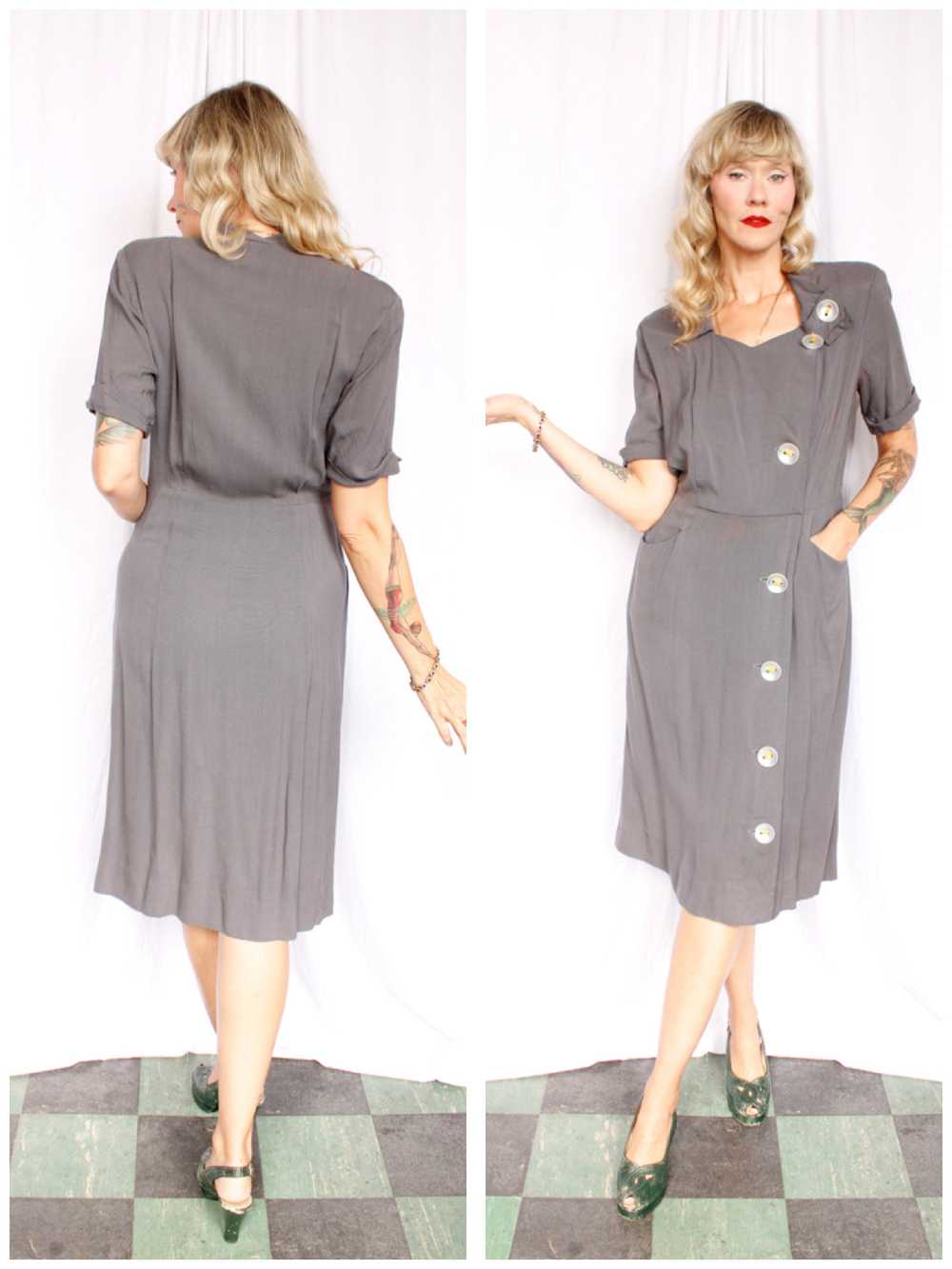 1940s Town & Travel Grey Button Dress - Medium - image 1