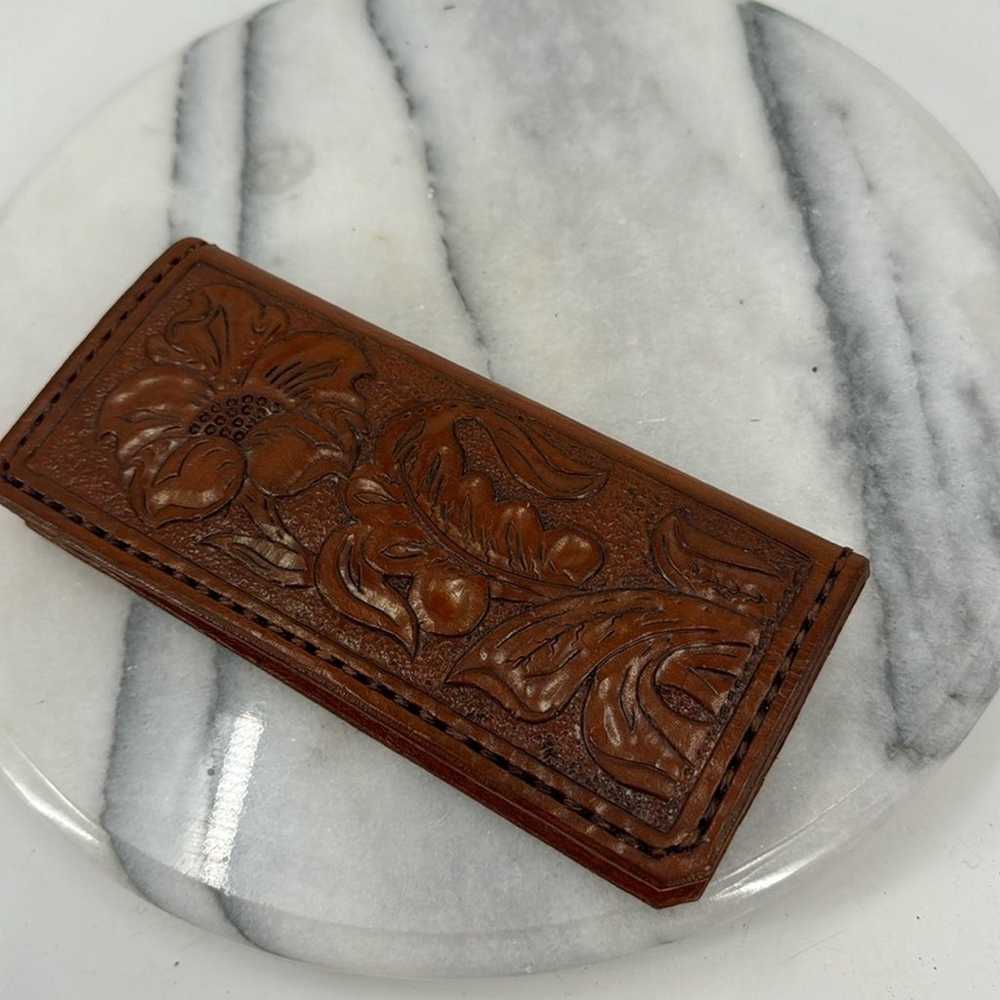 Vintage handmade tooled leather floral bifold wal… - image 1