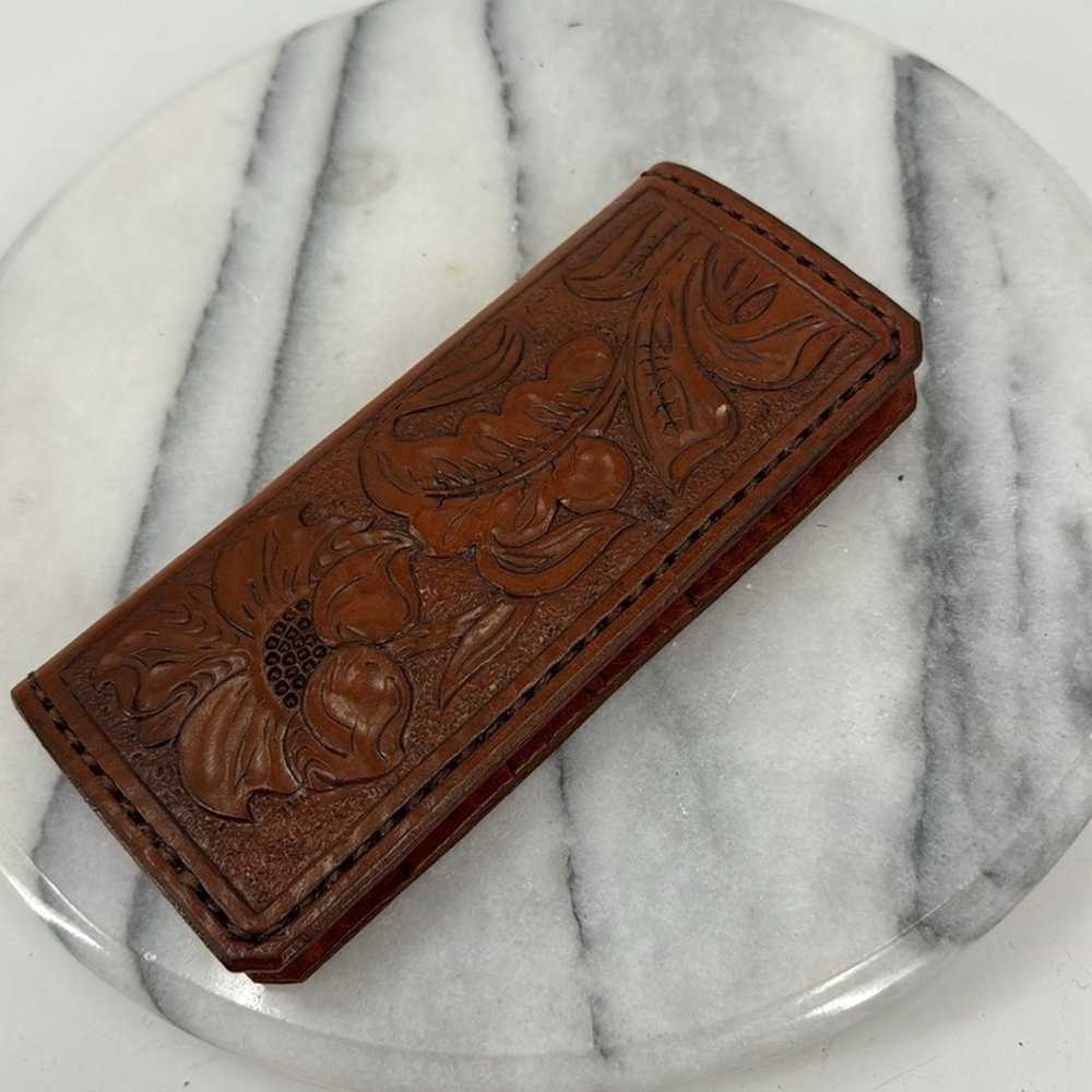 Vintage handmade tooled leather floral bifold wal… - image 2