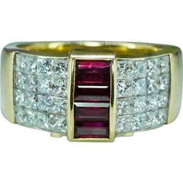 Designer F-VS Princess Diamond Ruby Ring 18K Gold… - image 1