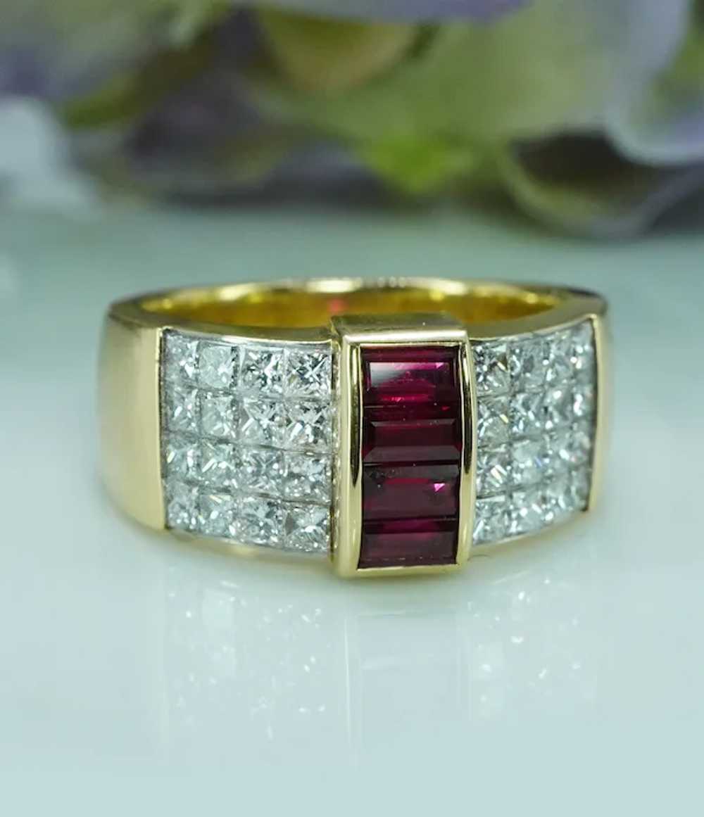 Designer F-VS Princess Diamond Ruby Ring 18K Gold… - image 2