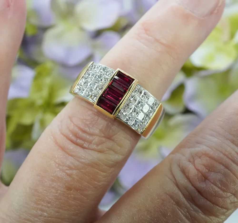 Designer F-VS Princess Diamond Ruby Ring 18K Gold… - image 3