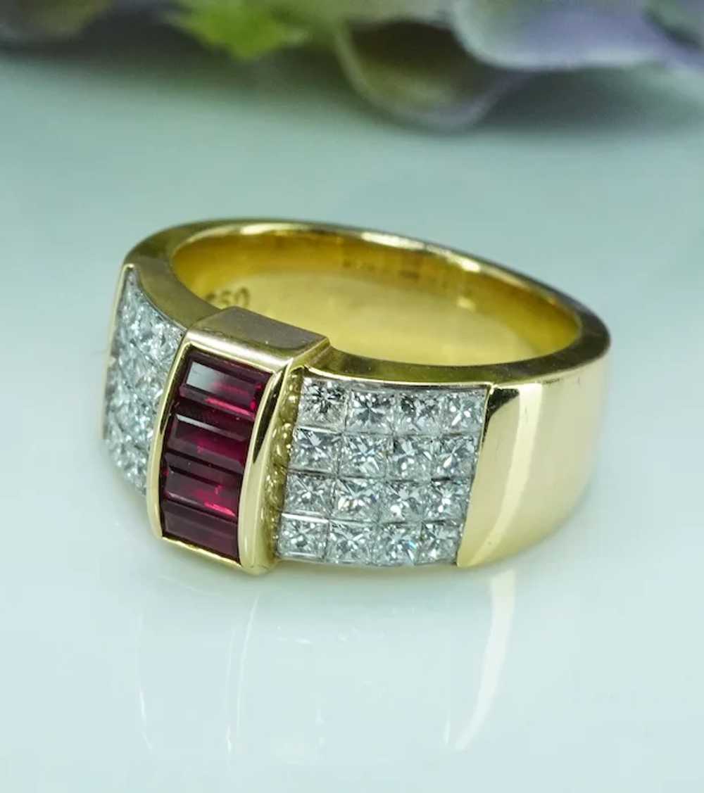 Designer F-VS Princess Diamond Ruby Ring 18K Gold… - image 4