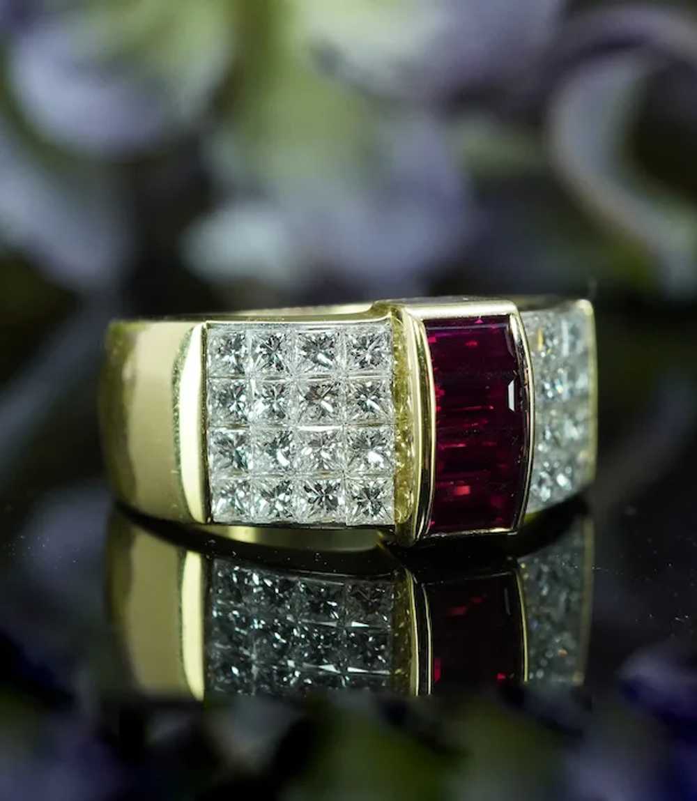 Designer F-VS Princess Diamond Ruby Ring 18K Gold… - image 5