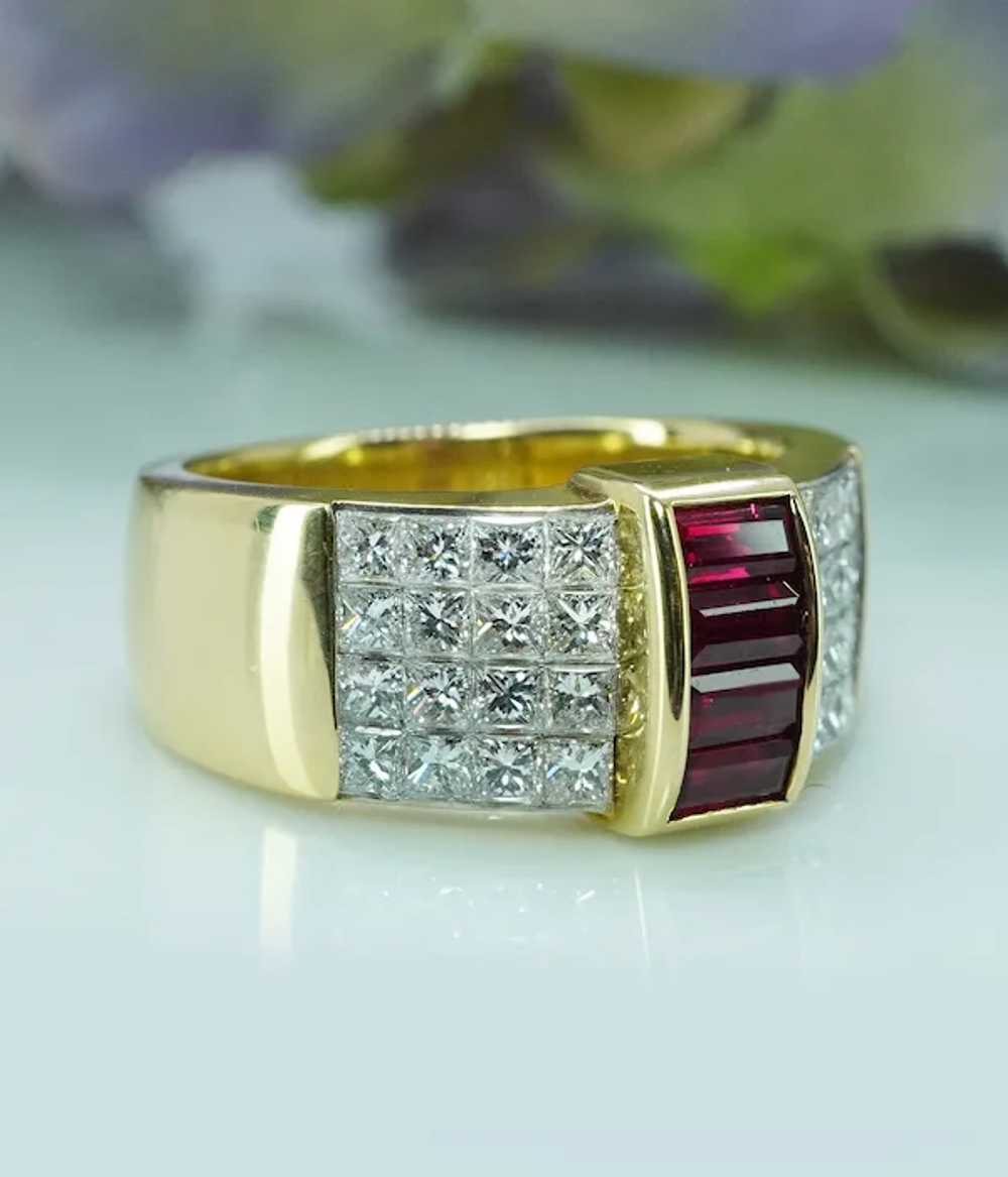 Designer F-VS Princess Diamond Ruby Ring 18K Gold… - image 6