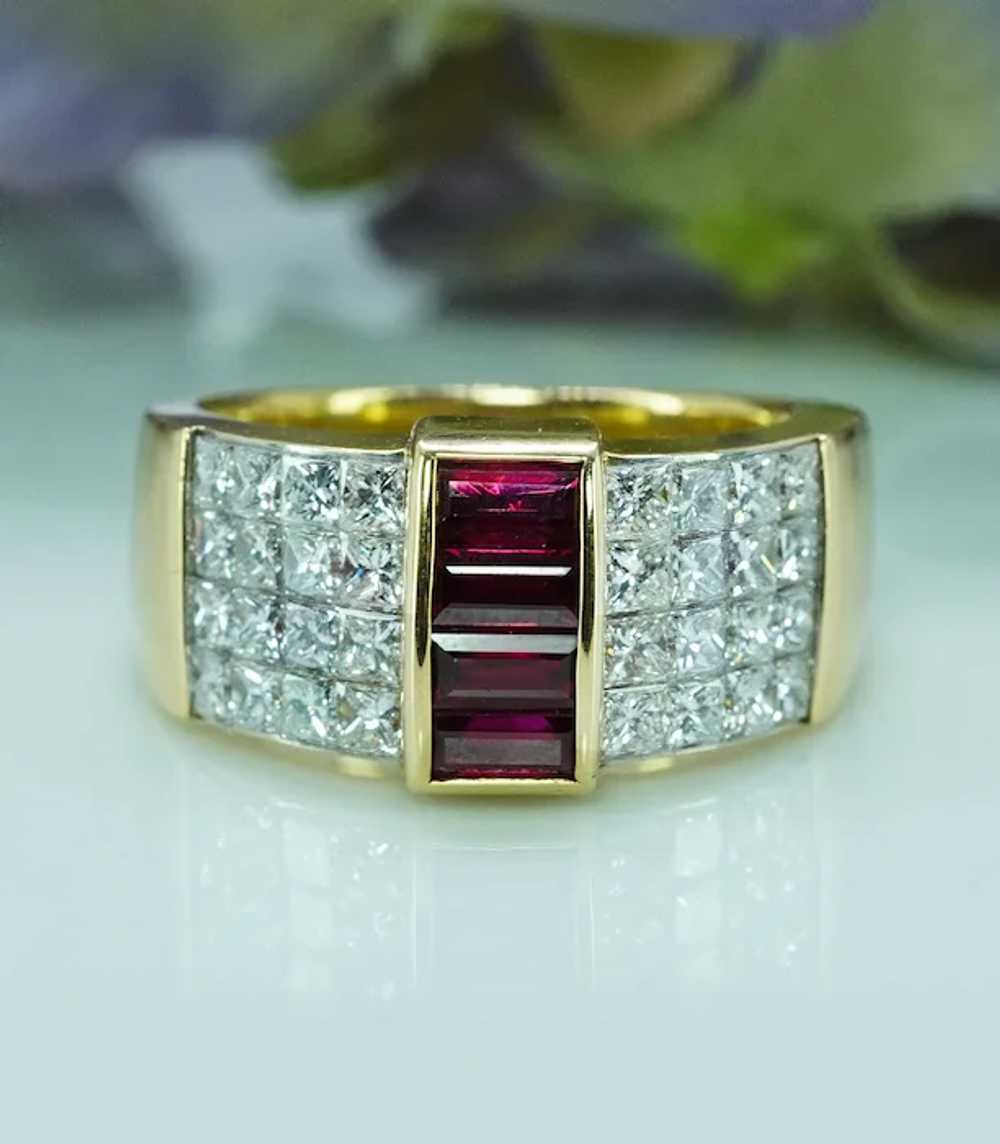 Designer F-VS Princess Diamond Ruby Ring 18K Gold… - image 7