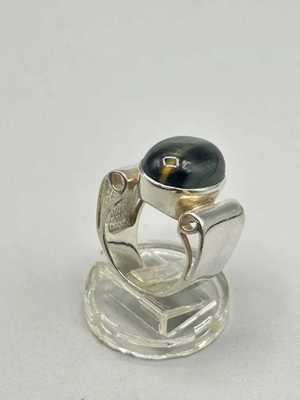 Green Tiger Eye Sterling Ring Size 6.5 Wide Band … - image 4