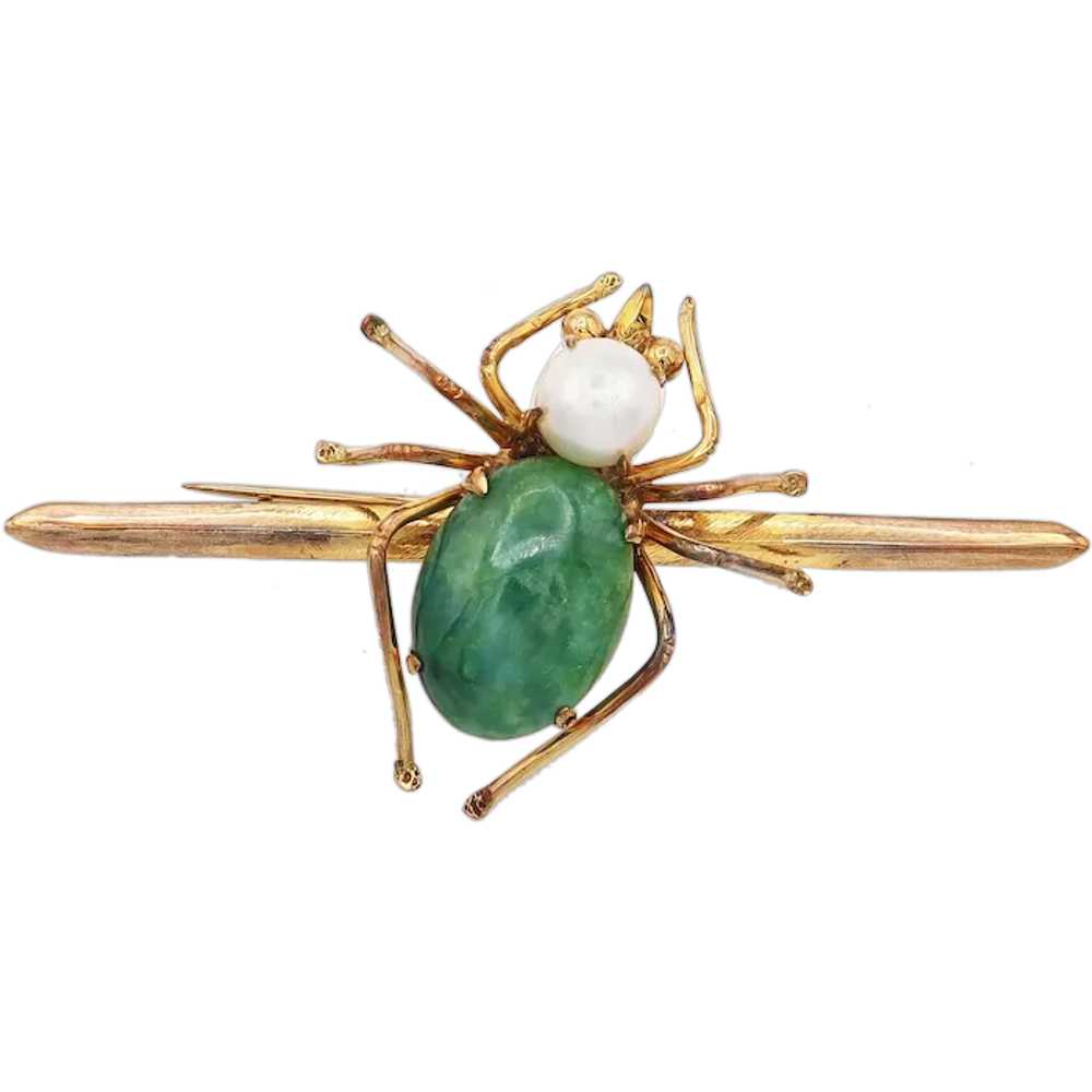 Vintage 8K Yellow Gold Jade Pearl Spider Bug Broo… - image 1