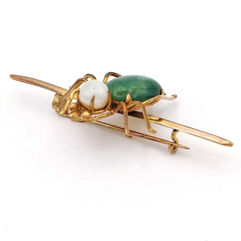 Vintage 8K Yellow Gold Jade Pearl Spider Bug Broo… - image 3