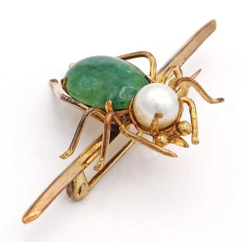 Vintage 8K Yellow Gold Jade Pearl Spider Bug Broo… - image 4