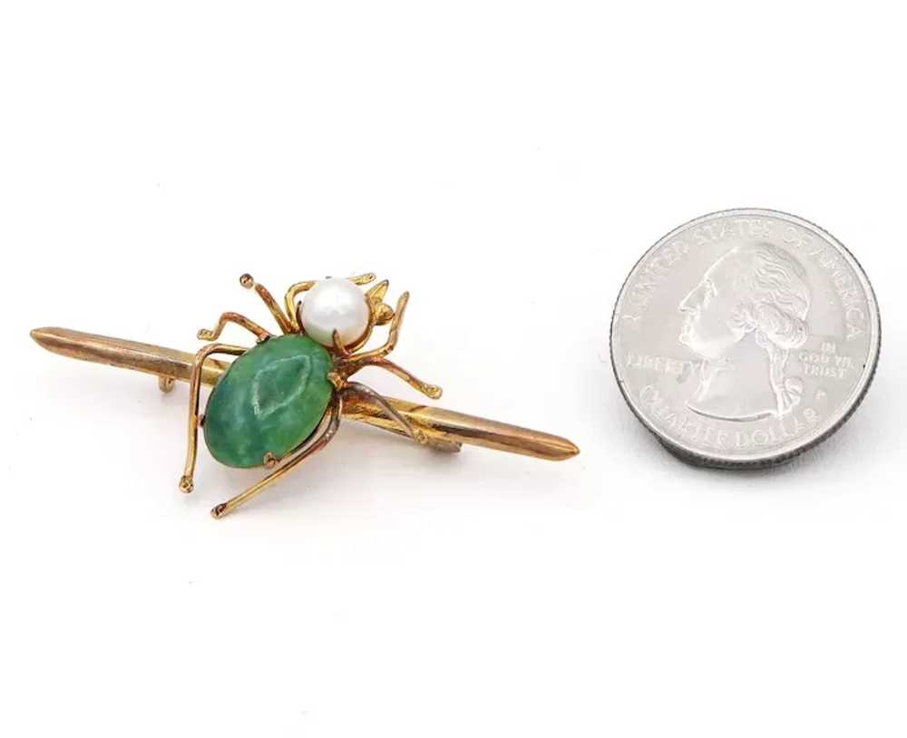 Vintage 8K Yellow Gold Jade Pearl Spider Bug Broo… - image 5