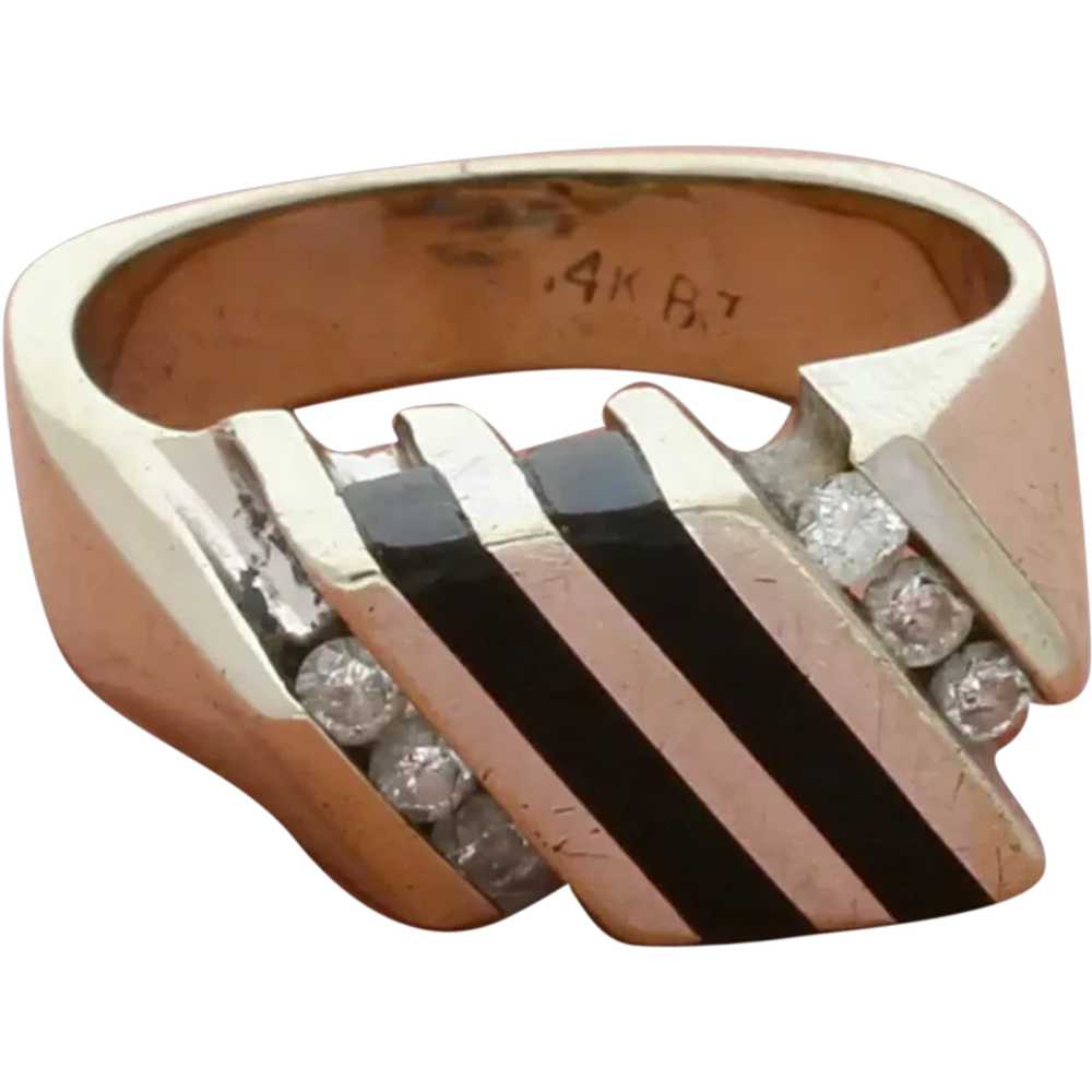 White Gold Vintage Onyx Inlay Stripes With Diamon… - image 1