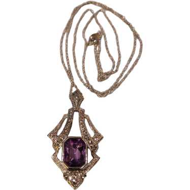 Avon Faux Amethyst and Marcasite Pendant Necklace