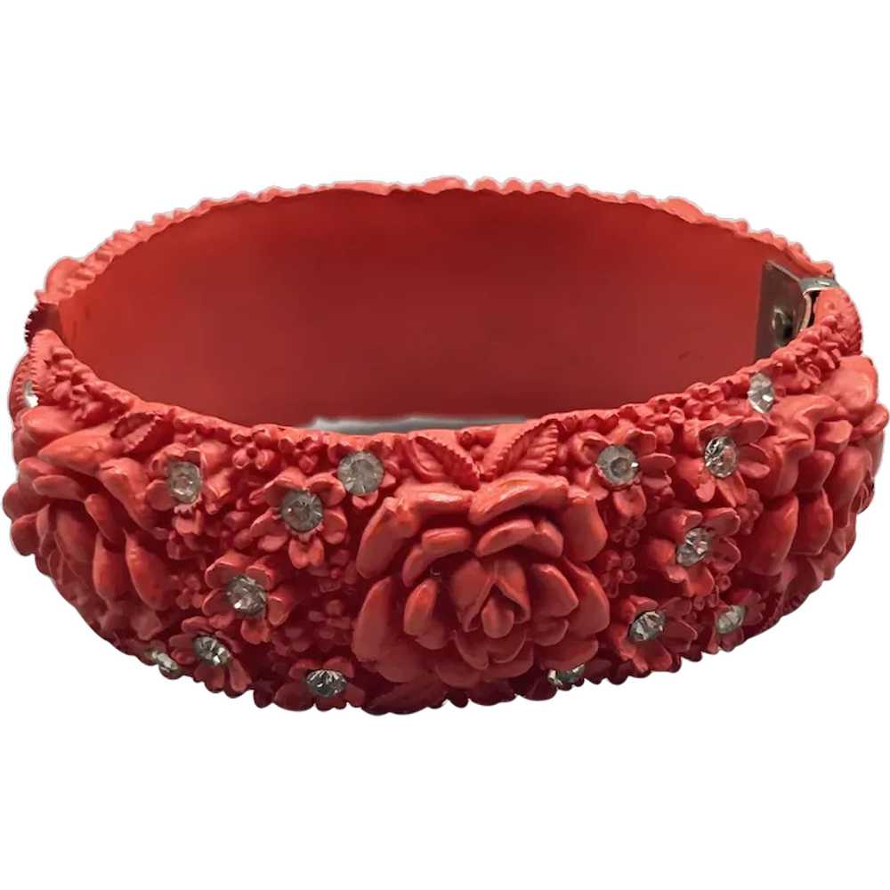 Red Celluloid Clamper Bracelet Hinged Bangle Flor… - image 1