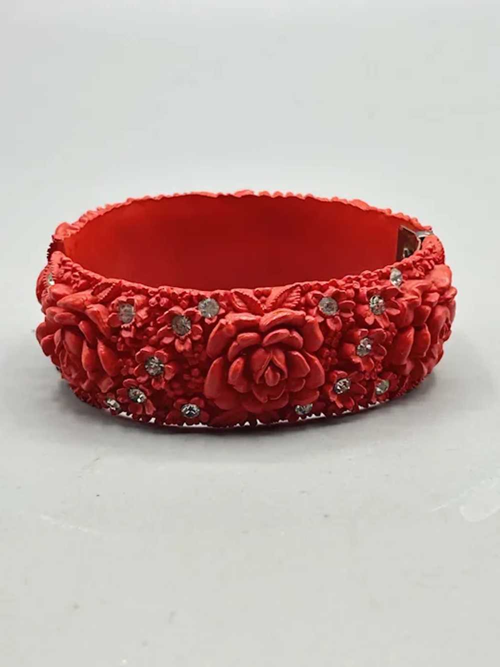 Red Celluloid Clamper Bracelet Hinged Bangle Flor… - image 2