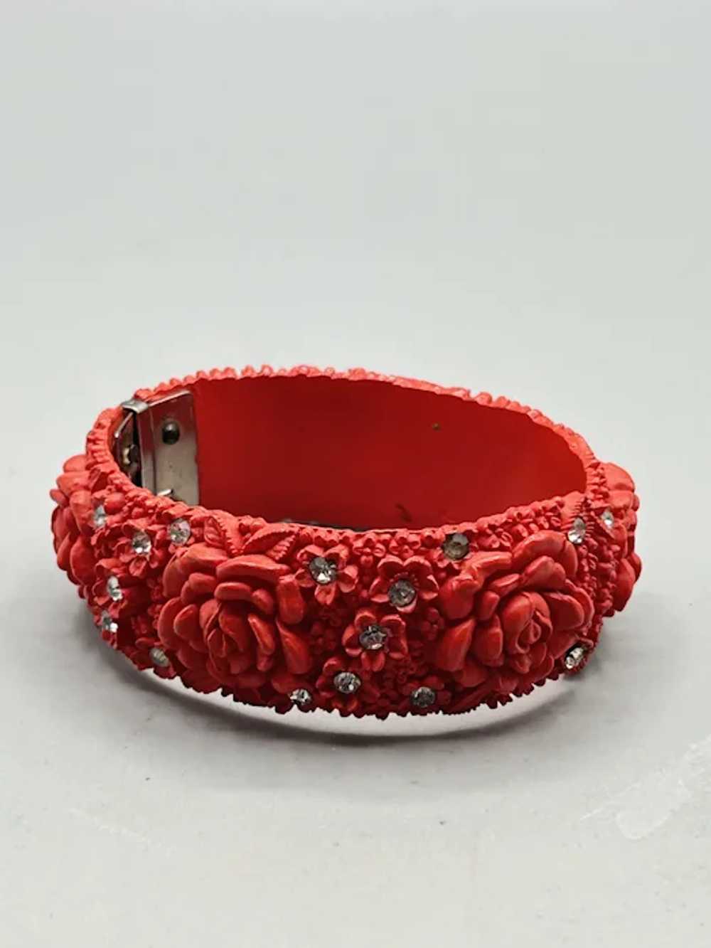 Red Celluloid Clamper Bracelet Hinged Bangle Flor… - image 3