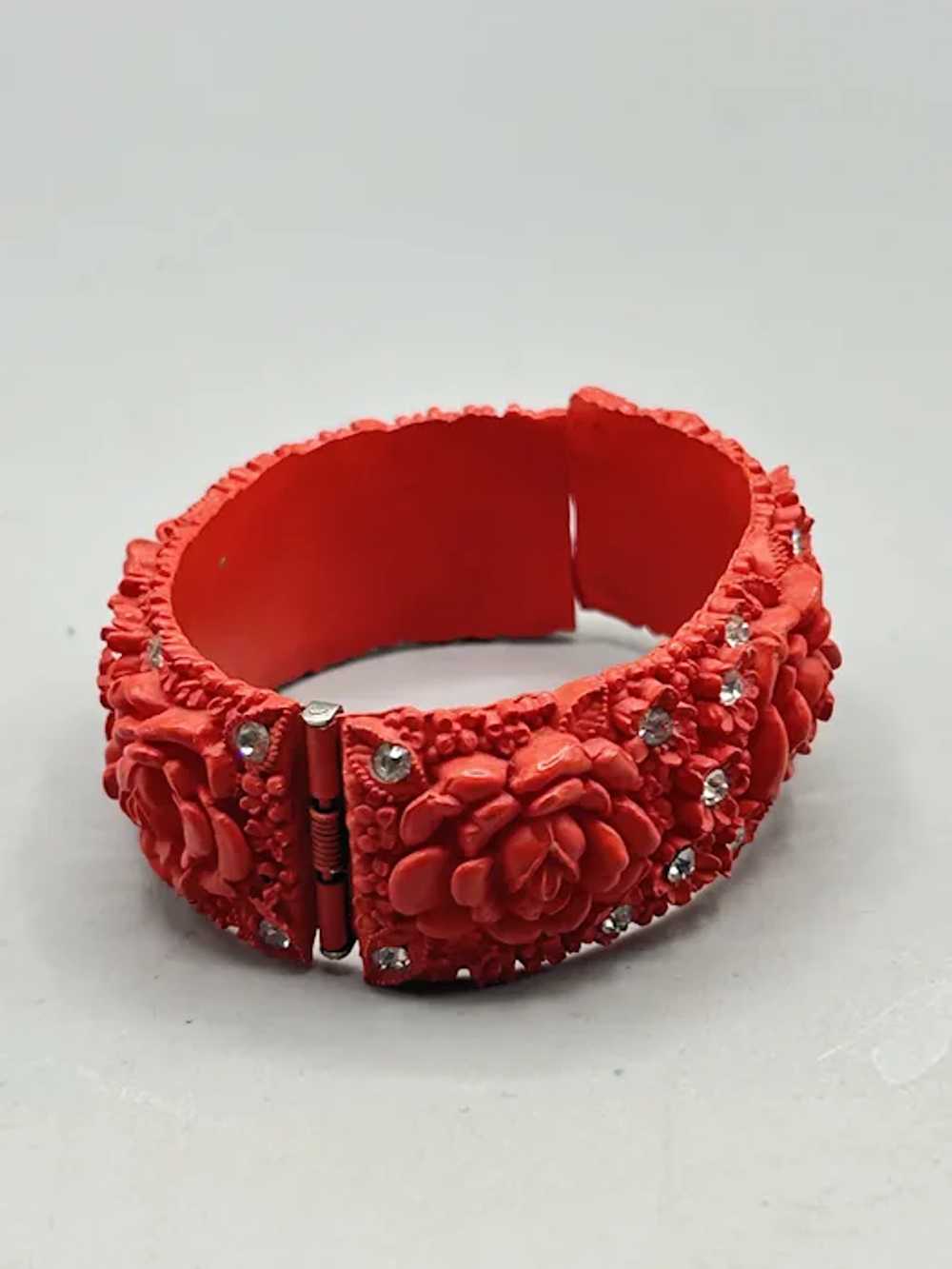 Red Celluloid Clamper Bracelet Hinged Bangle Flor… - image 4