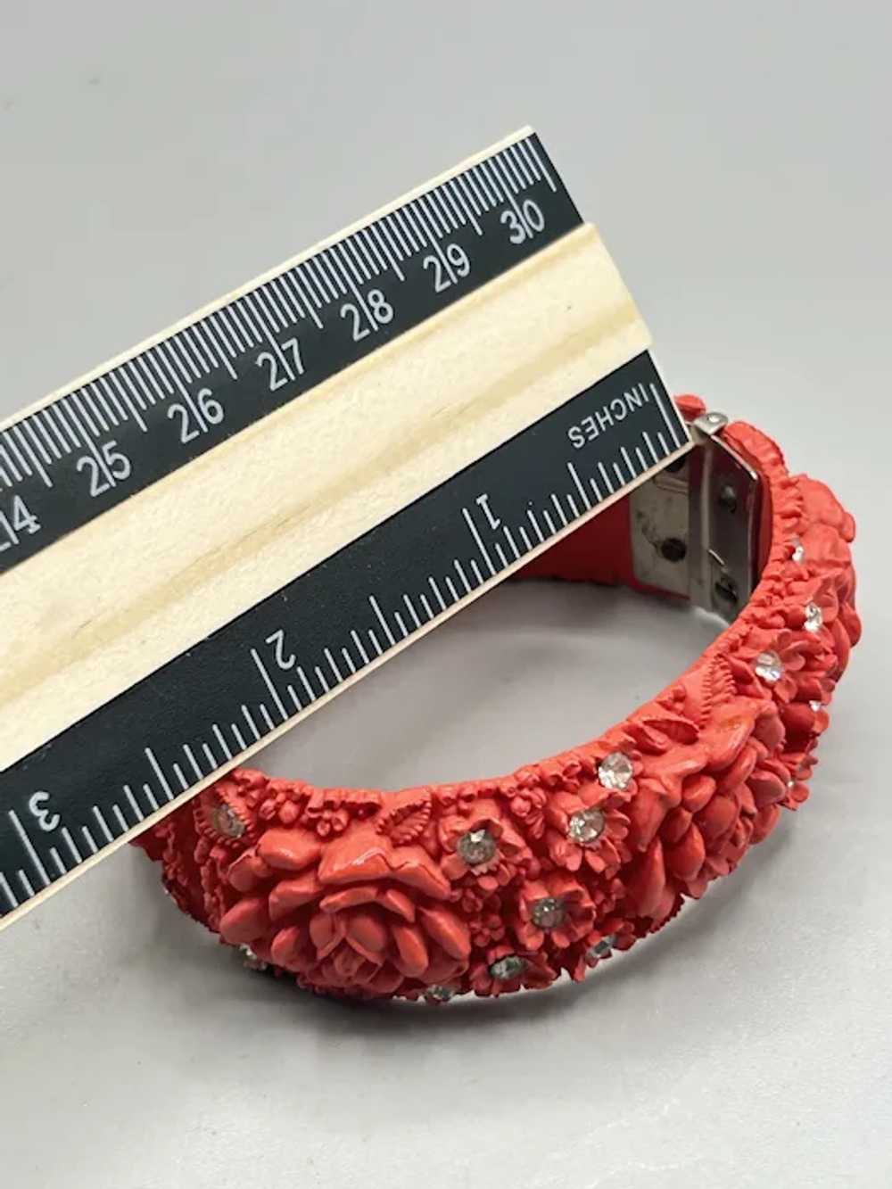 Red Celluloid Clamper Bracelet Hinged Bangle Flor… - image 7