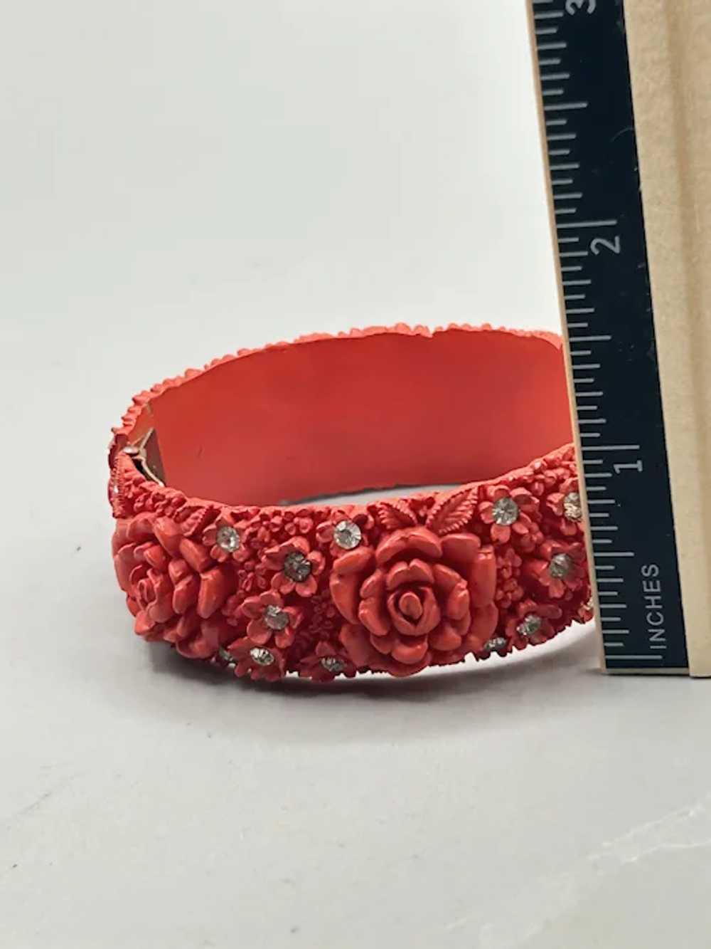 Red Celluloid Clamper Bracelet Hinged Bangle Flor… - image 8