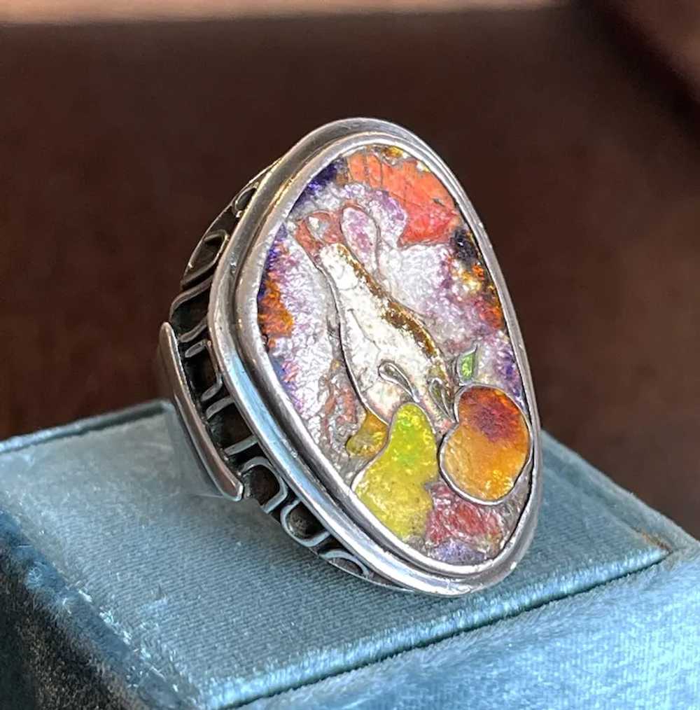 Enamel Still Life Silver Ring - image 3