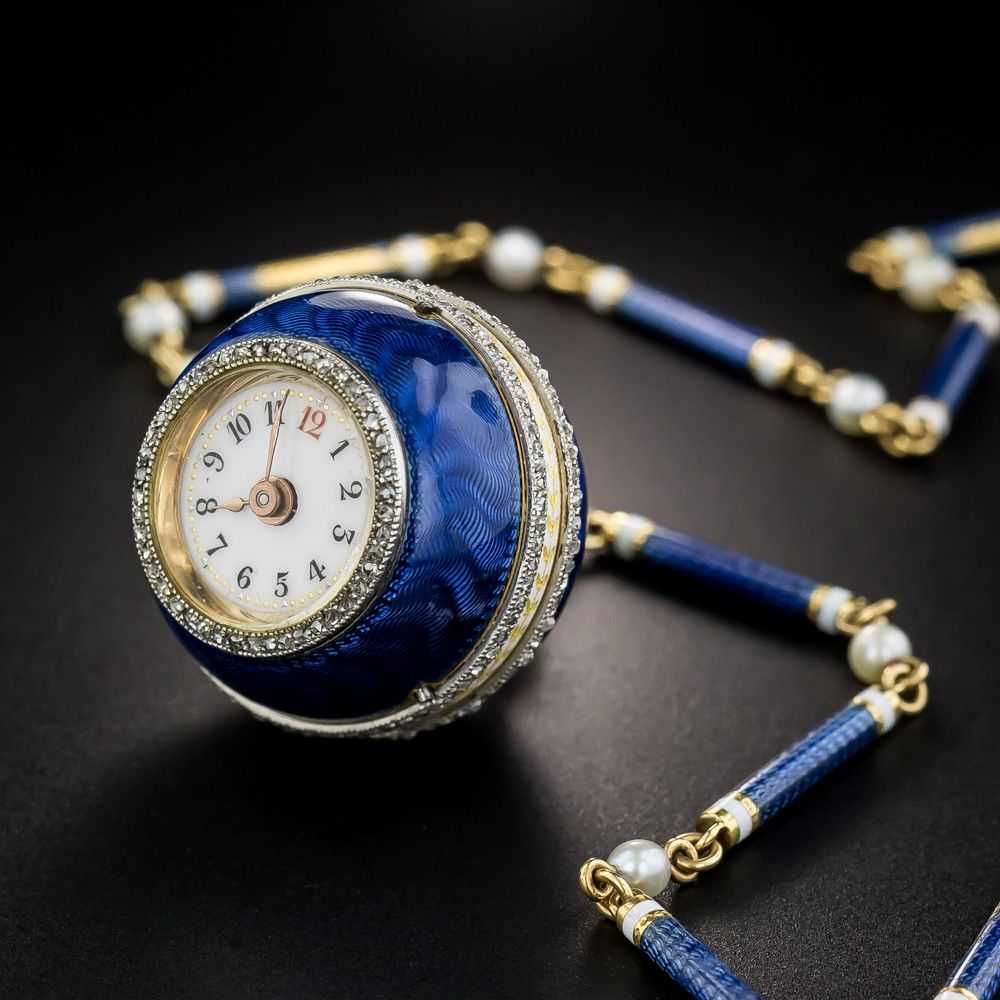 Belle Epoque Guilloche Blue Enamel Diamond Ball W… - image 2