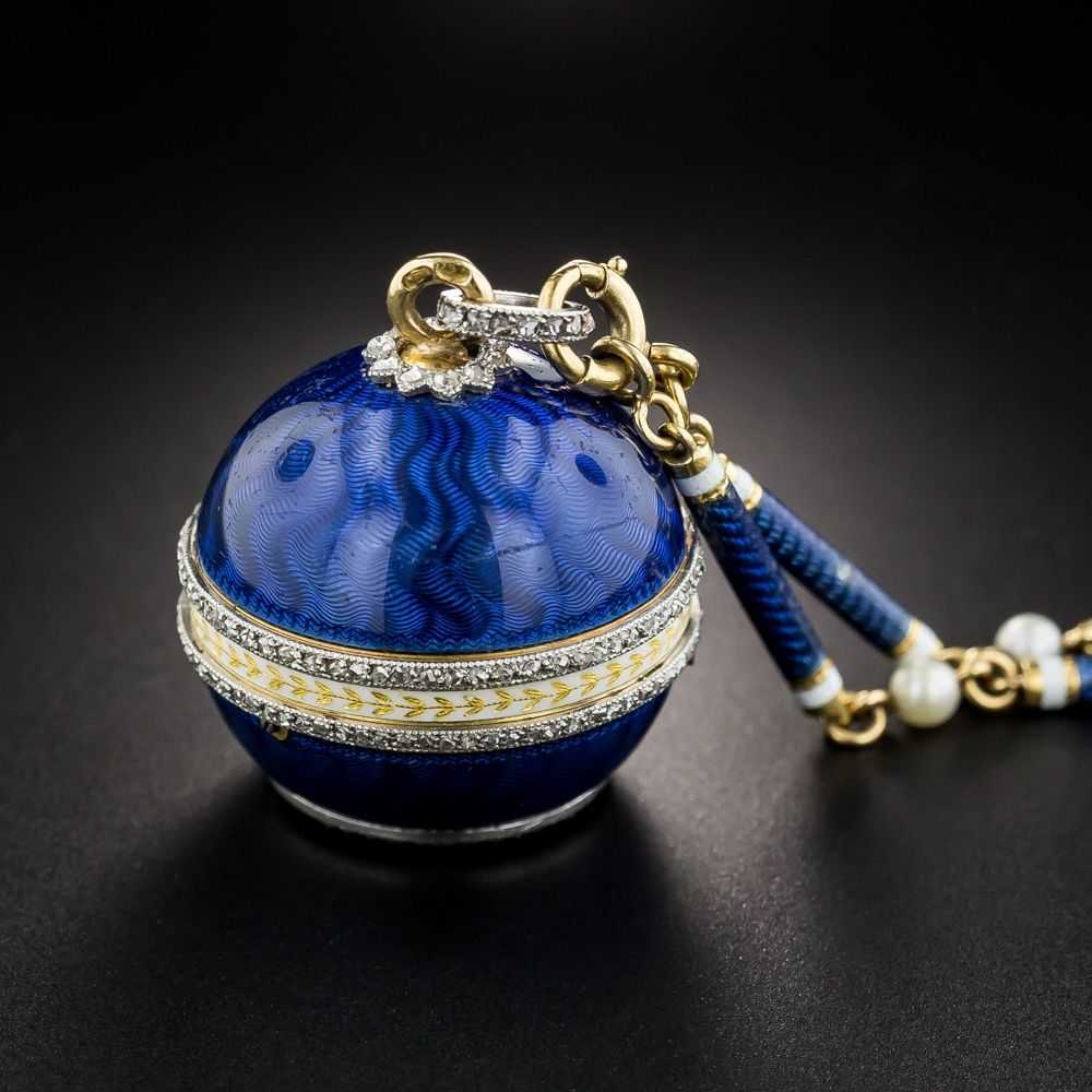 Belle Epoque Guilloche Blue Enamel Diamond Ball W… - image 3