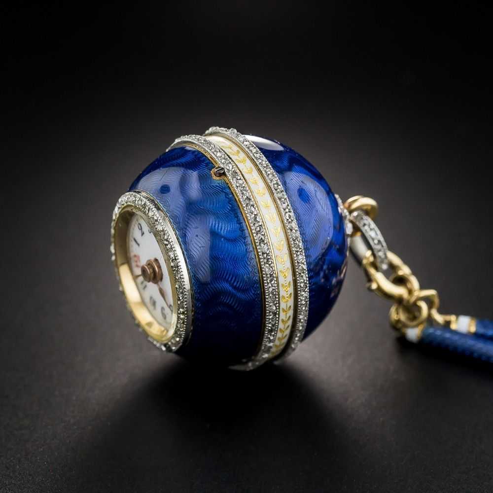 Belle Epoque Guilloche Blue Enamel Diamond Ball W… - image 4