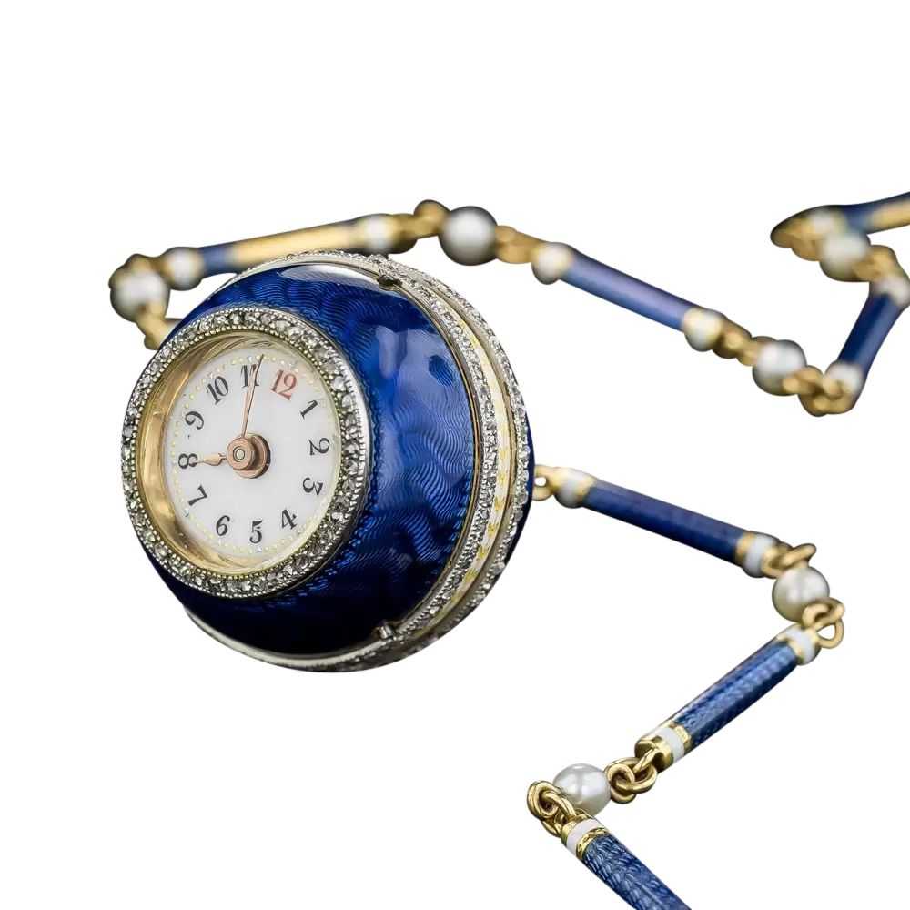 Belle Epoque Guilloche Blue Enamel Diamond Ball W… - image 5