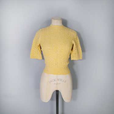 40s HANDKNITTED LACE PATTERN YELLOW CROPPED WOOL … - image 1